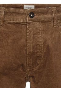 Pantalons en velours côtelé marron avec une surface texturée, dotés d'une fermeture à bouton et d'une fermeture éclair dissimulée, et d'une étiquette marquée "Camel" près de la taille.