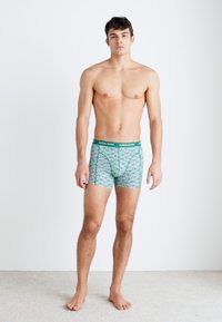 Grønne mønstrede boxershorts med en kontrasterende mørkegrøn talje, der har geometriske designs og en tætsiddende pasform.