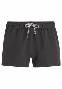 Shorts de bain noirs en tissu léger, avec une taille à cordon de serrage à motif tissé noir et blanc et un petit logo.
