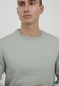 Sweatshirt verde chiaro, scollo rotondo, polsini a costine, logo ricamato discreto sul petto, texture liscia, tessuto di peso medio.