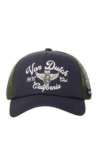 Casquette de baseball bleu marine foncé avec des côtés en mesh vert, arborant un texte blanc et un emblème ailé. Couronne structurée et visière courbée. Design de logo proéminent.