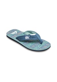 Blå flip-flop sandal med tekstureret rem og mønstret fodseng med grønne og orange designs. Gummisål for holdbarhed.