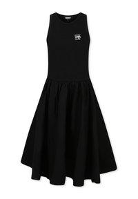 Robe noire avec un design de débardeur ajusté et une jupe évasée. Fabriquée en coton, avec un logo DKNY sur la poitrine. Texture lisse.
