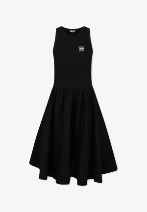 Robe noire avec un design de débardeur ajusté et une jupe évasée. Fabriquée en coton, avec un logo DKNY sur la poitrine. Texture lisse.