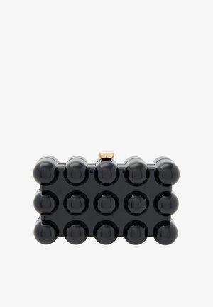 Clutch rettangolare in acrilico nero con forme arrotondate sulla superficie, chiusura a scatto dorata e finitura lucida.