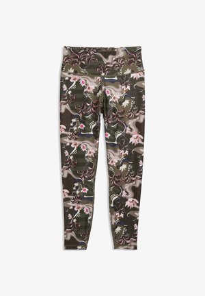 Legginsy z wysokim stanem, z abstrakcyjnym kwiatowym i spiralnym wzorem w odcieniach zieleni, różu, brązu i beżu.