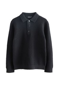 Pull noir en tricot avec un col à revers, trois boutons noirs, tissu texturé, et poignets et ourlet côtelés.