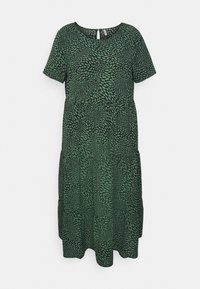 Grünes Kleid mit Blättermuster, kurzen Ärmeln, Rundhalsauschnitt und gestuftem Design mit Knopfverschluss hinten. Hergestellt aus weichem Material.