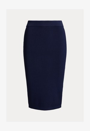 Φούστα μολύβι σε ναυτικό μπλε με ριμπ ύφασμα, εφαρμοστή γραμμή και φαρδιά ζώνη στη μέση, μήκους μέχρι το γόνατο.