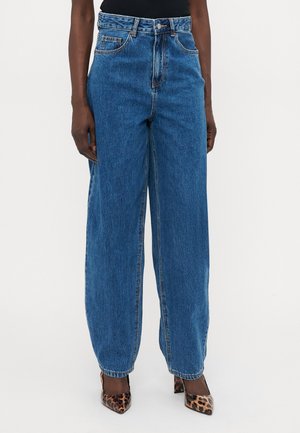 Blå denim høy midje vide ben jeans med frontlommer, avsluttet med kontrasterende sømmer og en knappelukking i livet.