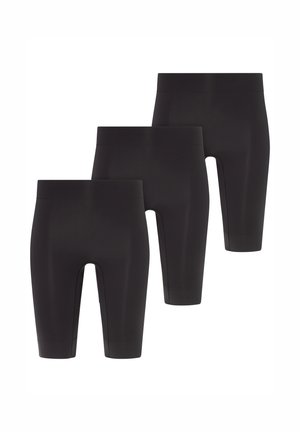 Three black knee-length compression shorts arranged in a staggered, overlapping layout on a white background.