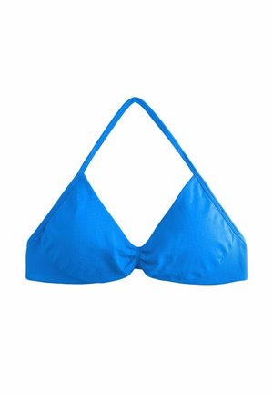 Helles blaues dreieckiges Bikinioberteil mit dünnen Trägern, die einen Neckholder-Stil auf weißem Hintergrund bilden.