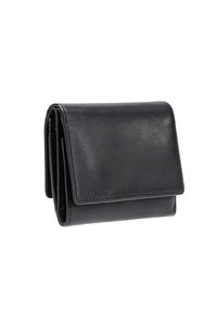 Black leather wallet with a smooth texture, featuring a folded design and a flap closure. Simple, functional structure with no visible embellishments.
