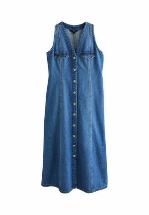 Robe en jean bleu sans manches avec fermeture boutonnée sur le devant, deux poches poitrine à rabat et col en V.