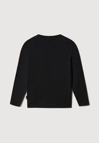 Schwarzes Langarmshirt aus Baumwolle. Hat einen runden Ausschnitt, einen geraden Schnitt und keine sichtbaren Muster oder Grafiken. Weiche Textur.