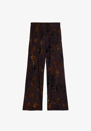 Dark purple wide-leg pants with an elastic waistband featuring a floral and vine pattern in gold, rust, and black.