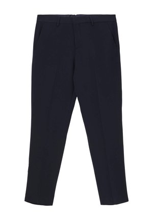 Pantaloni blu navy con una vestibilità su misura, caratterizzati da due tasche laterali, pieghe singole e una texture di tessuto morbido. Chiusura con zip in vita.