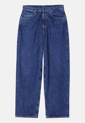 Blue denim wide-leg jeans with a high waist, five pockets, and classic button and zipper closure. Textured fabric with subtle fading.