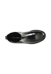 Botín negro de cuero con un diseño elegante, punta redondeada y suela texturizada. Cuenta con una tira de agarre para ponérselo fácilmente. Logo visible en el interior.