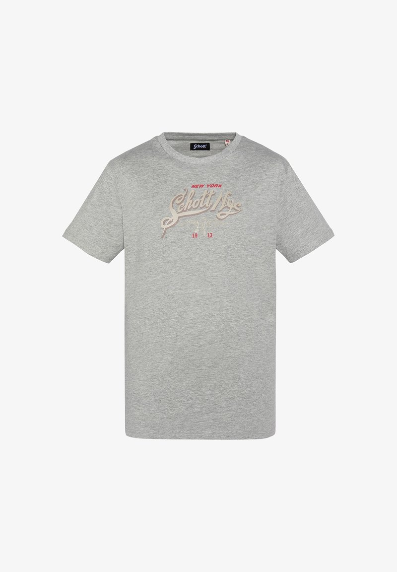 T-shirt gris à manches courtes et col rond avec l’inscription « New York Schott NYC 1913 » imprimée en beige et rouge sur la poitrine.