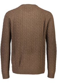 Ruskea palmikkojoustinneule, jossa on teksturoitu kuvio, resorikuvioiset hihansuut ja helma sekä pyöreä pääntiukka. Valmistettu pehmeästä neulemateriaalista.