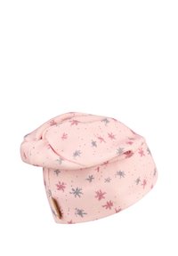 Soft pink hat made of cotton with a twisted design. Features a snowflake pattern in gray and red, with a small brown tag on the side.