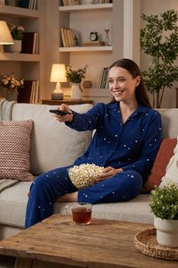 Mujer con pijama azul con estampado de estrellas sentada en un sofá beige sosteniendo palomitas y un mando a distancia, sonriendo mientras ve la televisión en una sala de estar acogedora.