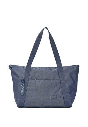 Graue Stofftasche mit zwei langen Griffen, einer Vordertasche und einem Reißverschluss mit der Aufschrift "ONDARI".