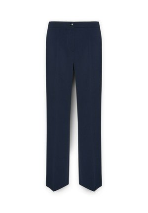 Marineblauwe broek met een rechte pasvorm, voorzien van een platte voorkant, ritsgulp en een enkele knoopsluiting, gemaakt van gladde, geweven stof.