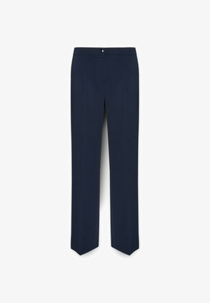 Marineblauwe broek met een rechte pasvorm, voorzien van een platte voorkant, ritsgulp en een enkele knoopsluiting, gemaakt van gladde, geweven stof.