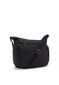 Black patterned shoulder bag with a textured surface, zippered compartments, and an adjustable strap for versatile carrying options.