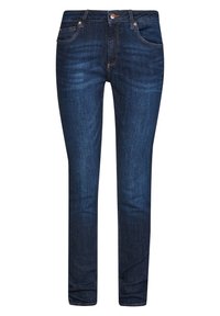 Dark blue denim jeans with a straight fit, five pockets, copper hardware, and contrast stitching. Smooth texture, classic design.