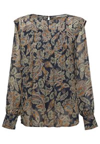 Blusa a maniche lunghe in tessuto trasparente, con una base navy e un motivo paisley in teal, arancione e crema. Davanti plissettato e apertura a chiave sul retro.