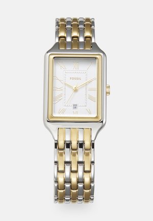 Square Fossil watch with a silver and gold-tone metal band. White dial with gold Roman numerals and date display at 6 o'clock. Polished finish.