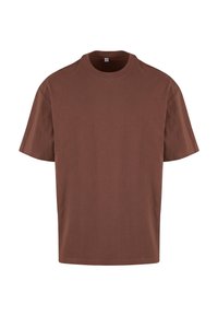 T-shirt marron en coton à manches courtes avec un col rond, présenté sur fond blanc.
