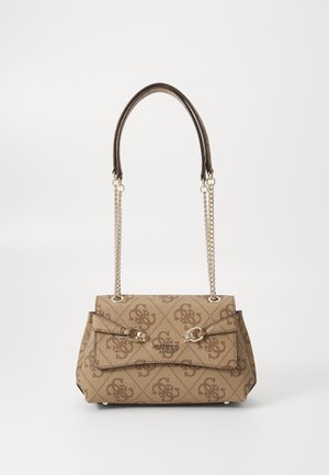 Brown patterned handbag with a textured material. Features two handles: one chain link and one short strap. Includes metallic accents and secure closure.