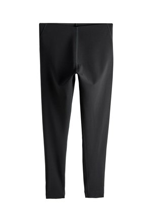 Sorte leggings lavet af strækbart stof med en tætsiddende pasform. Har flade sømme og en glat tekstur, velegnet til træning.