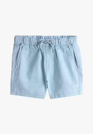 Svetlomodré bavlnené šortky s elastickým pásom, nastaviteľným šnúrkami a bočnými vreckami, navrhnuté na bežné nosenie.