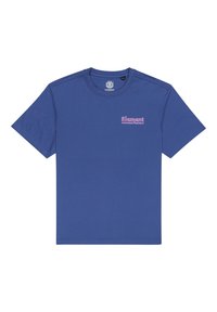 Modrá bavlněná tričko s krátkým rukávem a kulatým výstřihem. Na levé části hrudi je malé růžové tisknuté logo.