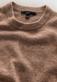 Brauner gestrickter Pullover mit ribbeligem Rundhalsausschnitt, aus einem weichen, strukturierten Stoff. Etikett im Kragenbereich sichtbar.