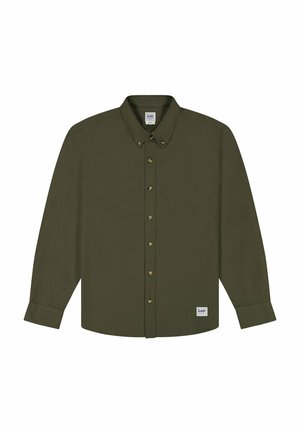 Dark green long-sleeve button-up shirt with collar, buttoned cuffs, and Lee brand label on hem and inside collar.
