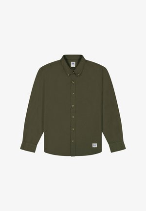 Dark green long-sleeve button-up shirt with collar, buttoned cuffs, and Lee brand label on hem and inside collar.