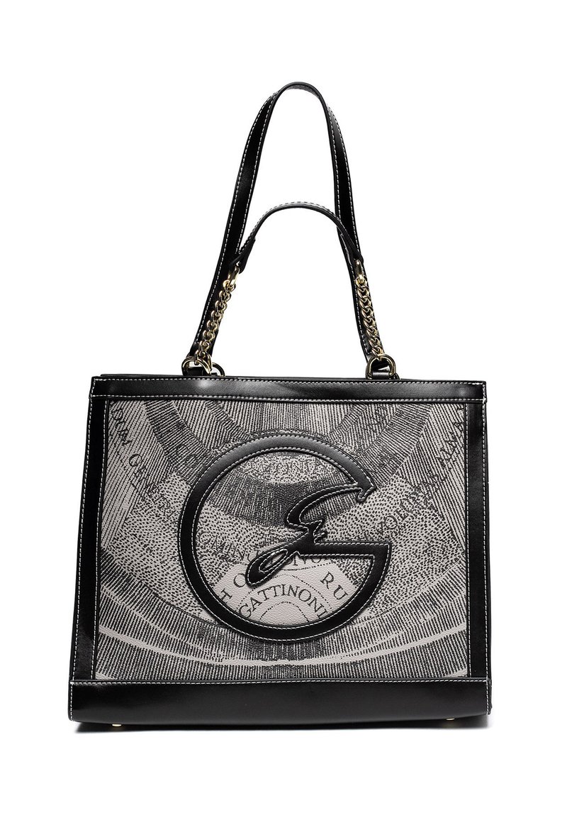 Borsa a mano rettangolare nera e grigia con un grande logo stilizzato "G" su tessuto testurizzato, doppi manici e dettagli in catena dorata.