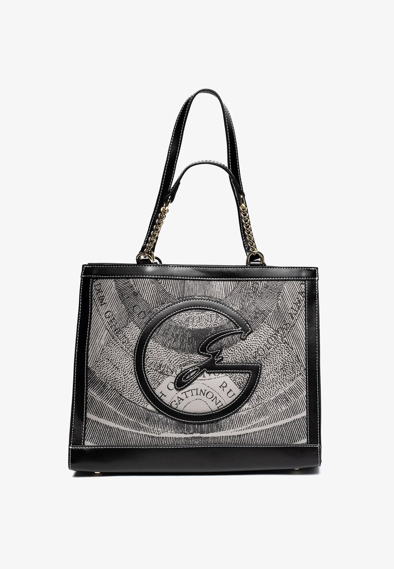 Prostokątna czarna i szara torebka z dużym stylizowanym logo "G" na teksturowanej tkaninie, podwójnymi uchwytami oraz złotymi akcentami w postaci łańcucha.