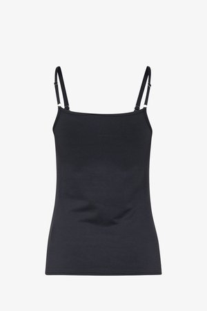 Czarny top bez rękawów wykonany z bezszwowego materiału, z cienkimi regulowanymi ramiączkami i dopasowanym krojem. Gładka faktura bez wzorów i elementów metalowych.