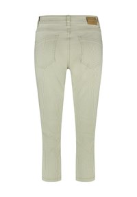 Lichtgroene cropped pants met een dun gestreept patroon, voorzien van achterzakken en een bruine label op de tailleband. Glad stoftextuur.