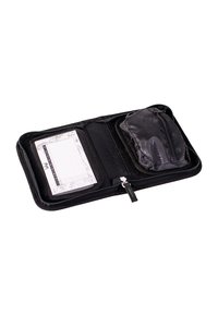 Black zippered wallet with a compartment for coins, notes, and a notepad. Includes a textured finish and subtle print on the notepad.