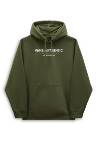 Sudadera verde oliva con un bolsillo frontal tipo canguro, capucha con cordón y texto impreso "VANS AUTHENTIC ORIGINAL BRAND" en blanco y dorado.
