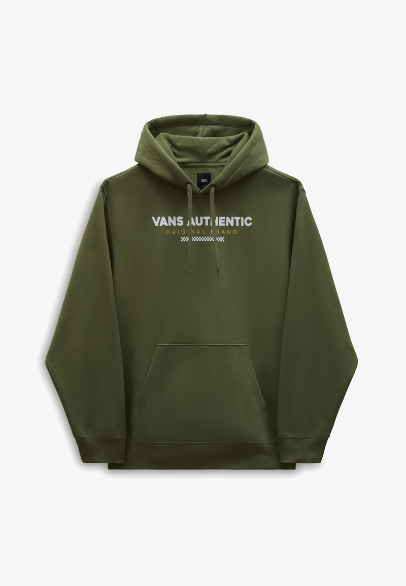 Sudadera verde oliva con un bolsillo frontal tipo canguro, capucha con cordón y texto impreso "VANS AUTHENTIC ORIGINAL BRAND" en blanco y dorado.