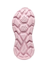 Semelle de basket en caoutchouc rose avec un motif texturé en zigzag et des découpes hexagonales pour la respirabilité. Détails de sculpture prononcés améliorant l'adhérence.